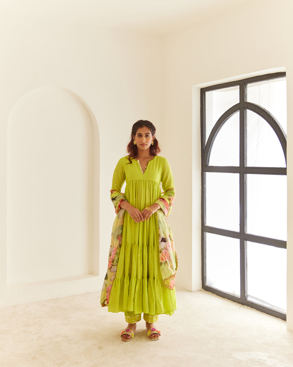 Green chiffon double layer anarkali