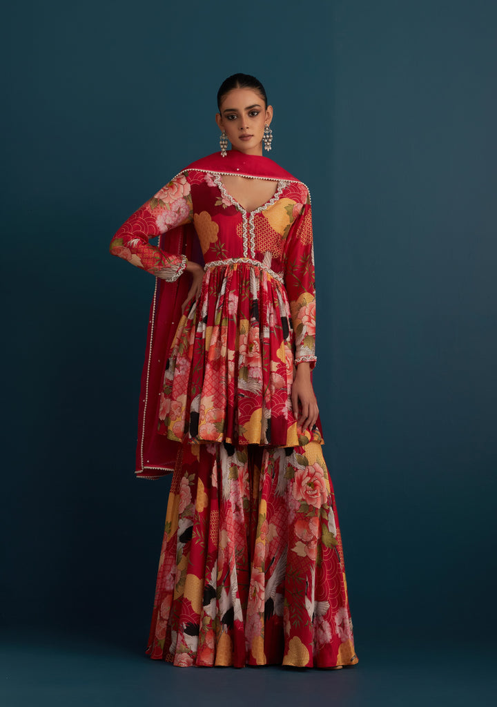 Red Embroidered Printed Silk Short Anarkali - House of Pink