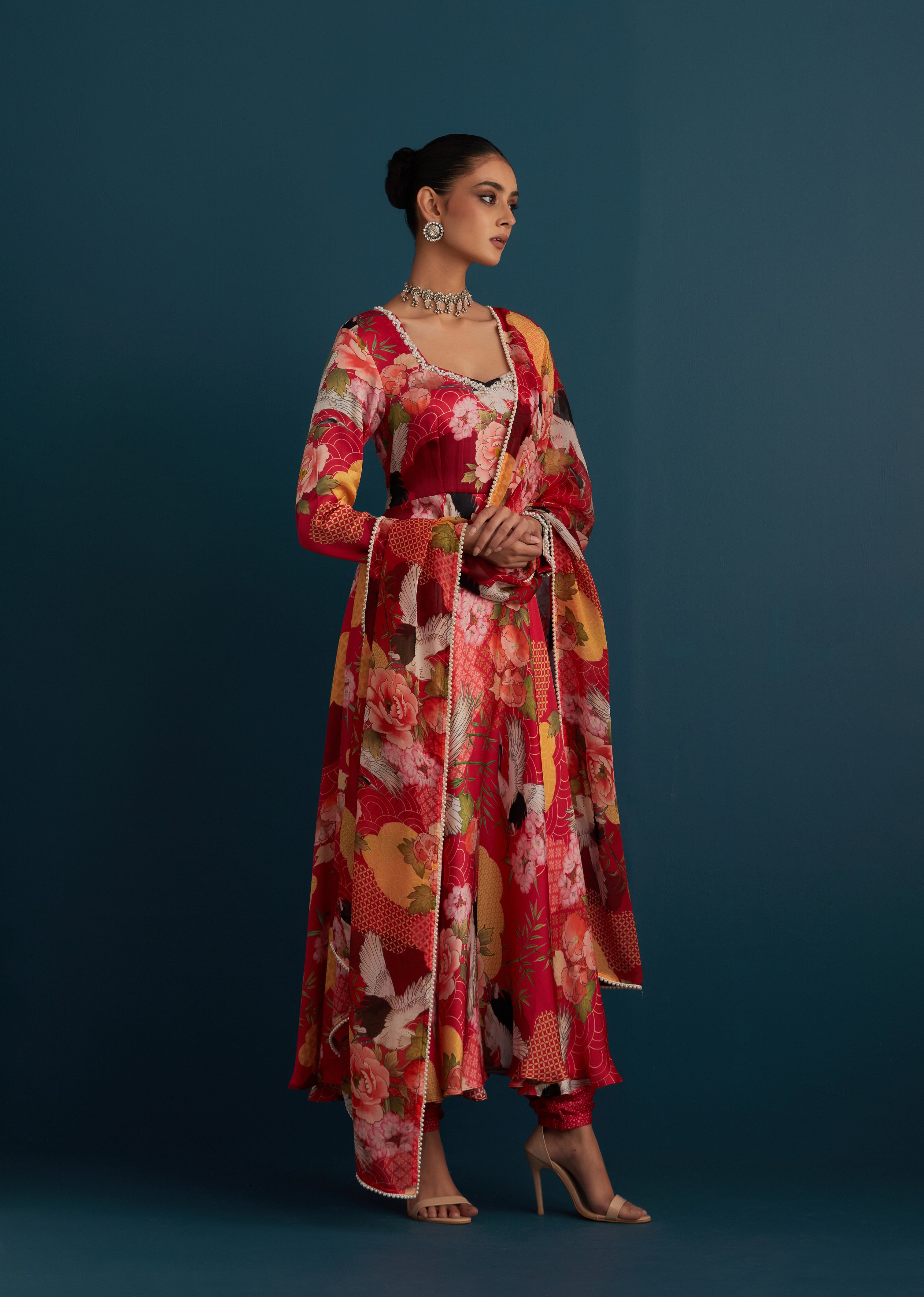 Red Printed Anarkali - House of Pink