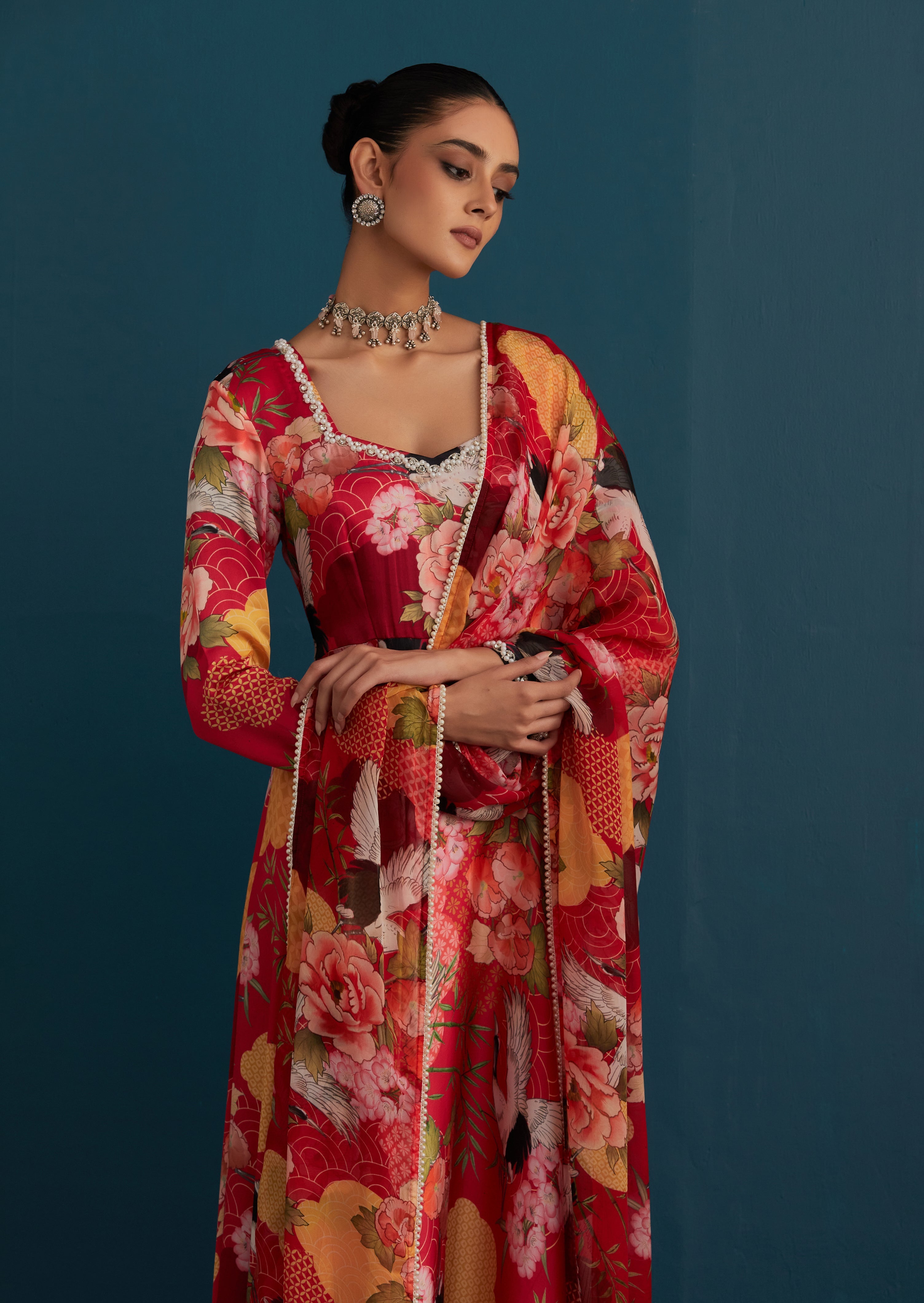 Red Printed Anarkali - House of Pink