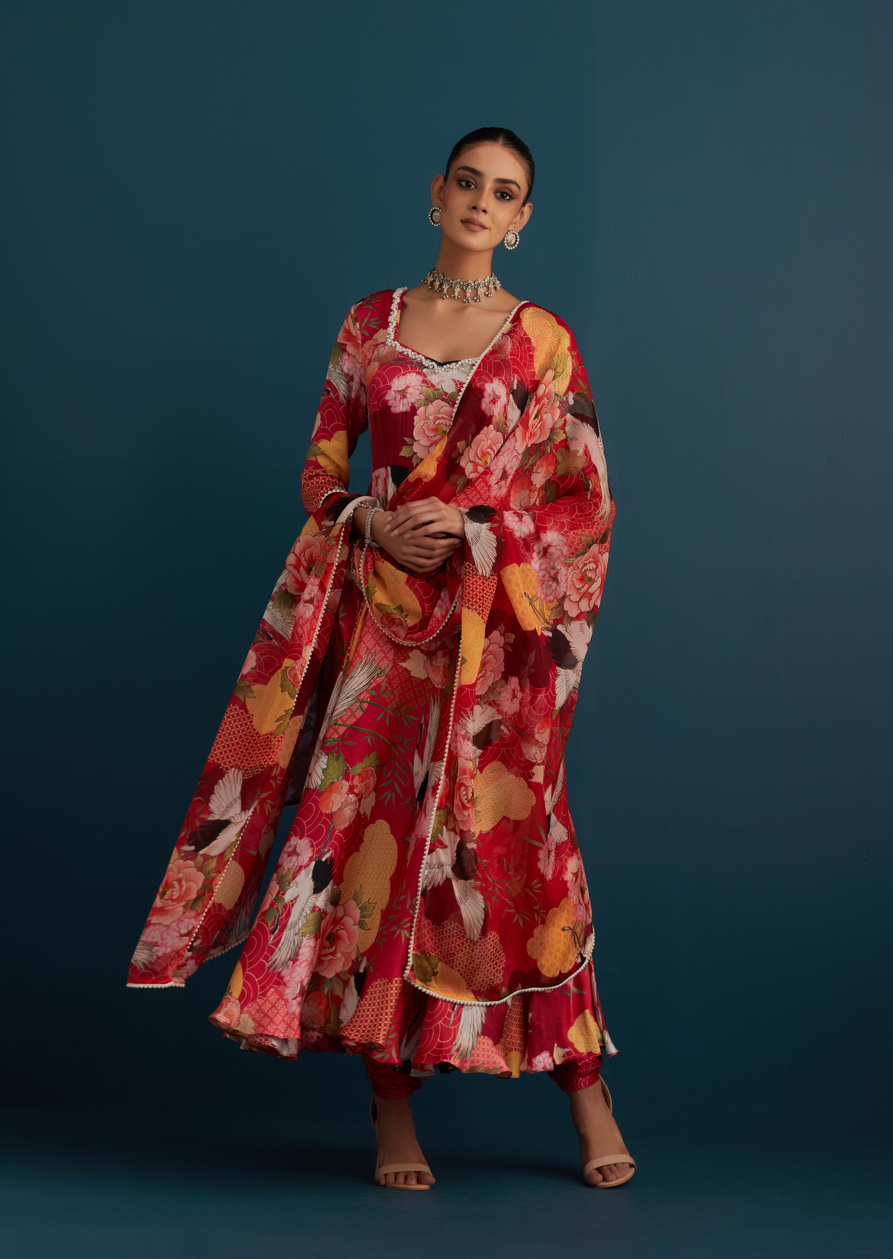 Red Printed Anarkali - House of Pink