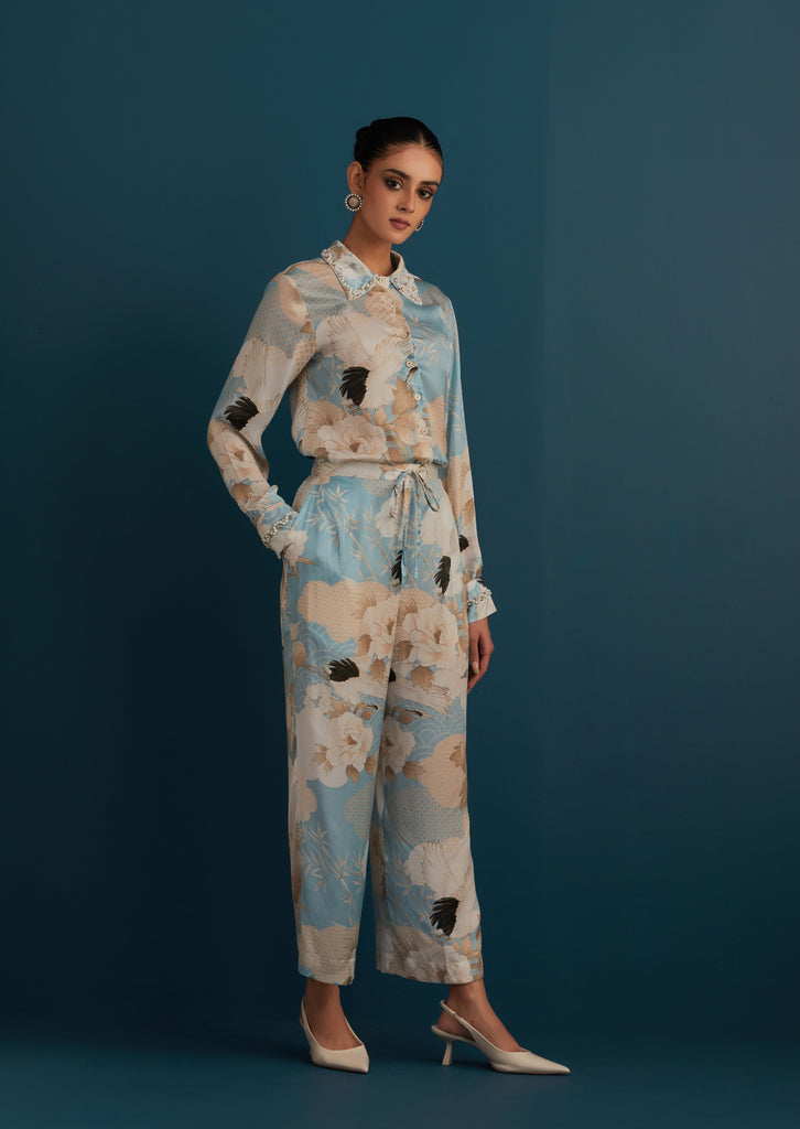 Powder Blue Embroidered Printed Coord Set - House of Pink