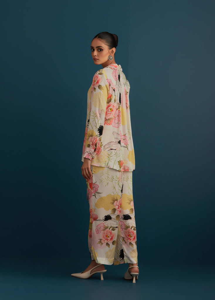 Off White Embroidered Printed Coord Set - House of Pink