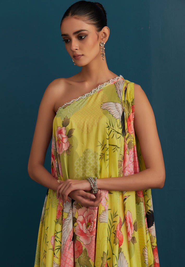 Lime Green Printed Off Shoulder Top with Printed Garara - House of Pink