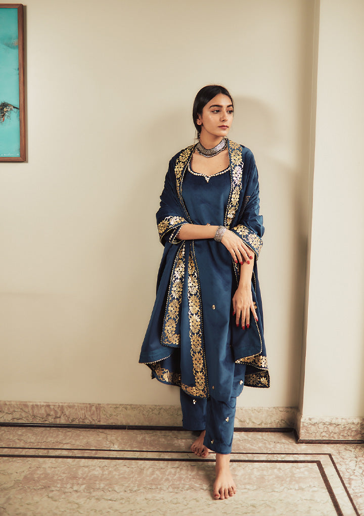 Royal Blue Velvet Suit Set - Main Image